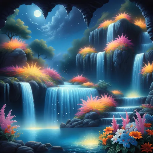 Prompt: (detailed matte painting) of a vibrant (moonlit waterfall), surrounded by an abundance of colorful (flowers) and lively (fish) swimming in the crystalline water. The scene is enriched with ethereal lighting and a magical atmosphere, capturing the essence of (fantasy art) inspired by David A Hardy's style. The background features a serene, moonlit sky blending soft blues and silvery hues, adding depth and enchantment to the composition.