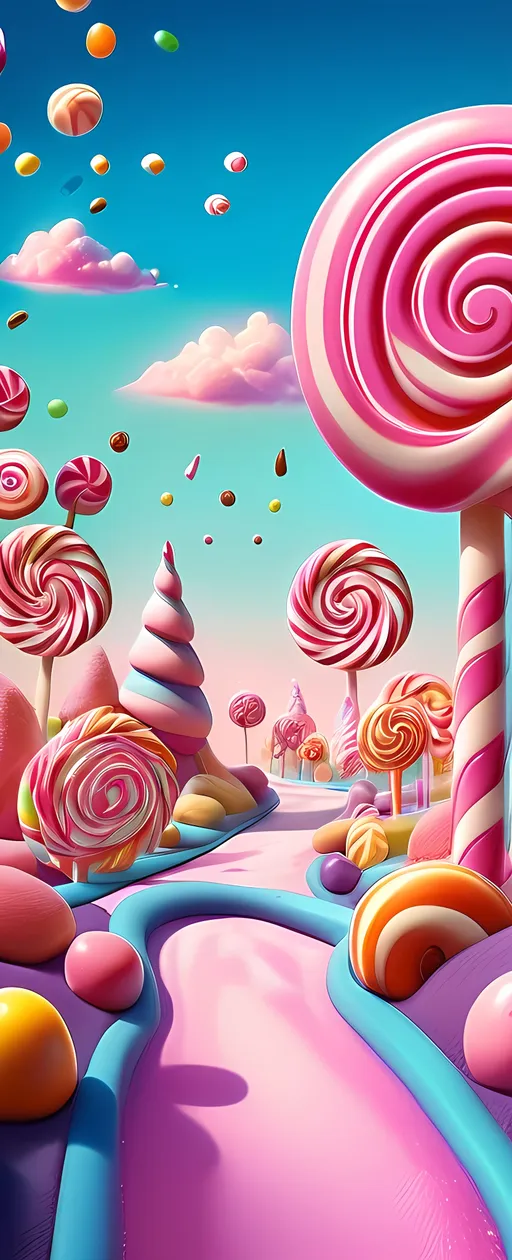 Prompt: (cartoon scene of a candy land), (pink lollipop tree), whimsical candy-colored road, dazzling sweets and confections, (fantastical elements), vibrant hues and lively atmosphere, (highly detailed matte painting), playful pop surrealism style, enchanting fantasy landscape, soft dreamy lighting, visually captivating and imaginative composition, perfect for dreamscapes, ultra-detailed, (Chris LaBrooy inspired).