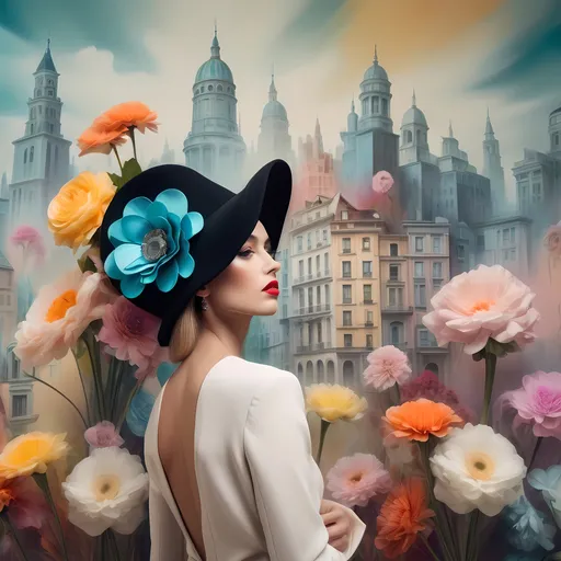 Prompt: (woman with a hat and flowers on her head), standing in front of a (surrealist painting of a city), captured in (art photography) and (fashion photography), epitomizing elegance and creativity, vibrant colors, soft focus, high fashion details, harmonious blend of real and surreal, eclectic background with an artistic flair, dreamy atmosphere, (4K), (ultra-detailed).