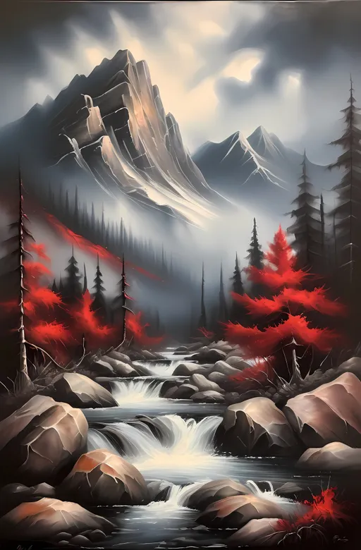 Prompt: (fantasy style) painting of a mountain stream, dark color scheme, vibrant red trees, rugged rocks in the foreground, turbulent cloudy sky, (highly detailed), (oil painting), inspired by Bob Ross, atmospheric mood, soft yet dynamic brush strokes, tranquil scenery, painterly texture, immersive depth, natural beauty, (airbrush painting), ultra-detailed, magical realism.