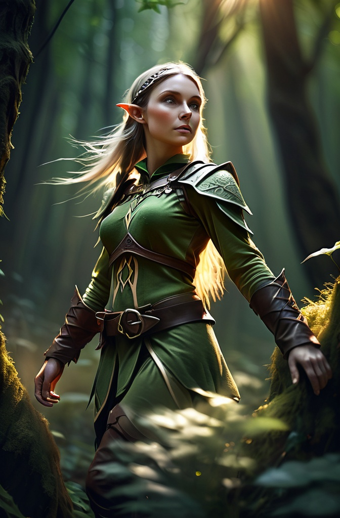 Prompt: Elf ranger in a mystical forest around sunlight