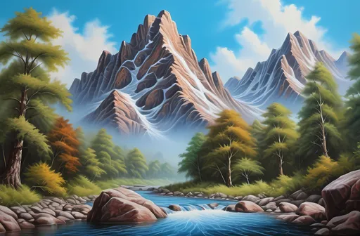 Prompt: Realism mountain river painting, surrounded by lush vibrant trees and textured rocks, towering majestic mountain in the backdrop, clear serene blue sky, inspired by Bob Ross, splendid fantasy art, intricate details, rich colors, smooth matte painting effect, captivating and tranquil ambiance, ultra-detailed, 4K quality.