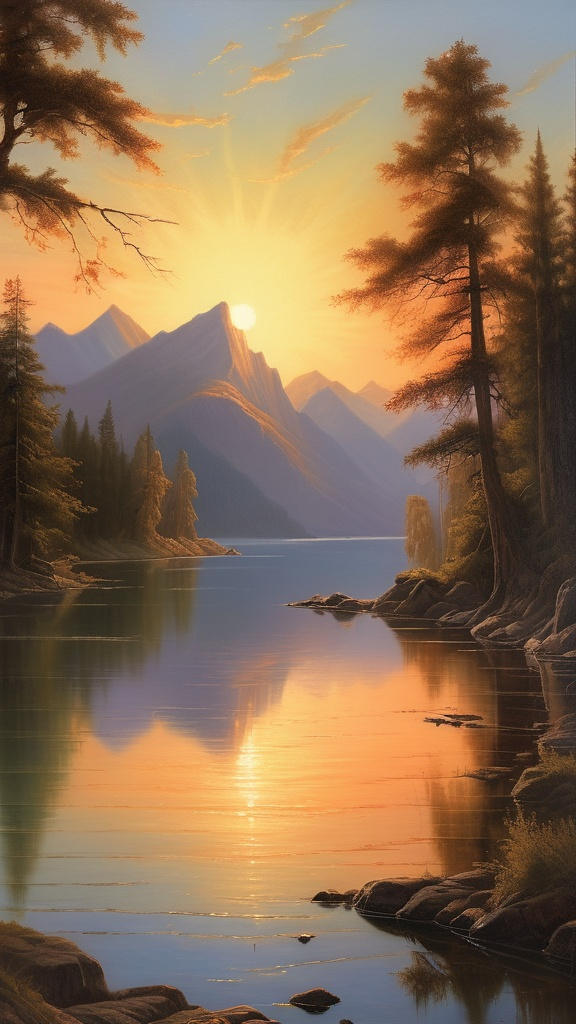 Prompt: a painting of a sunset over a lake with mountains in the background and trees in the foreground, and a bright sun in the distance, Christophe Vacher, american scene painting, beautiful landscape, a fine art painting