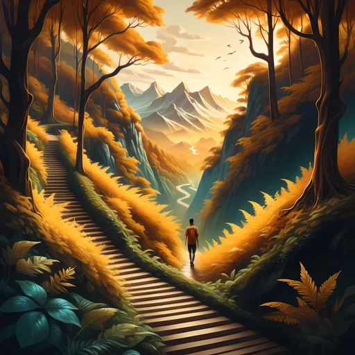 Prompt: Photorealistic depiction of a person walking down a winding path through a vibrant forest, warm golden tones illuminating the scene. Towering mountains serve as a majestic backdrop, while trees adorned with rich, leafy canopies frame the walkway. Inspired by the works of Cyril Rolando, showcasing intricate details and dynamic light in this serene, nature-inspired composition. Highly detailed, embracing an atmosphere of tranquility and exploration. 