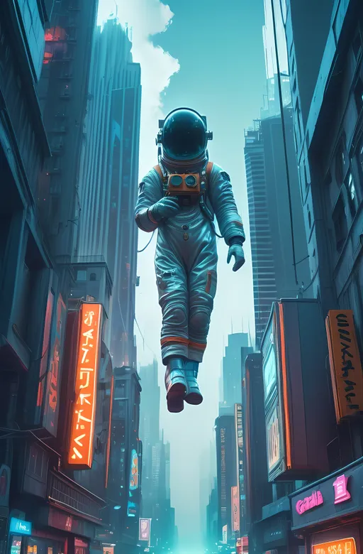 Prompt: (man in a space suit floating above a city street), (tall buildings and vivid neon signs), Filip Hodas style, retrofuturism, sci-fi elements, cyberpunk art, vibrant colors, dynamic lighting, atmospheric haze, high detail, ultra-detailed, captivating ambiance, a blend of nostalgia and futuristic vision, experimental visual art, fantasy setting.