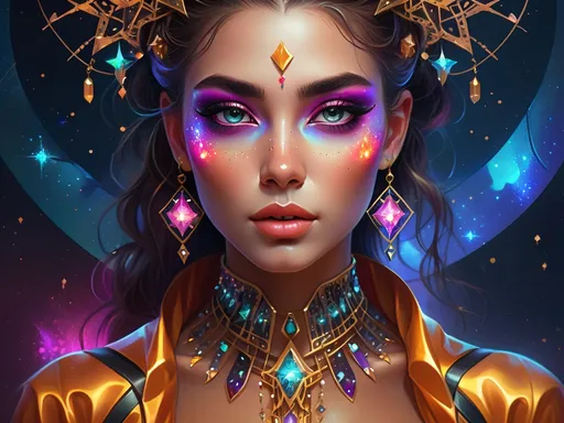 Prompt: digital painting of a woman adorned with vibrant (bright makeup) and intricate jewelry on her face and chest, enchanting background of shimmering stars, warm color scheme, (Artgerm style), fantasy art, (highly detailed), atmospheric vibe, captivating ambiance, (cyberpunk elements), dynamic shapes and patterns, elegant and modern, 4K, ultra-detailed masterpiece.