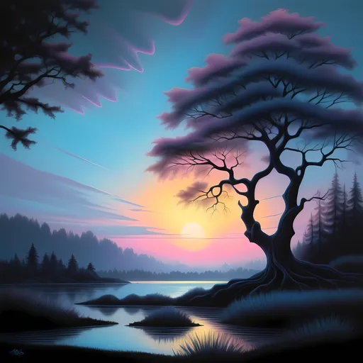 Prompt: Fantasy sunset painting, tree in the foreground, serene body of water in the background, pastel color scheme with soft pinks, gentle blues, and warm yellows, inspired by Eyvind Earle, metaphysical themes, ultra-detailed and visually captivating digital artwork, airbrush painting technique, ethereal ambiance, harmonious nature elements, hauntingly beautiful atmosphere, enchanting and dreamlike quality.