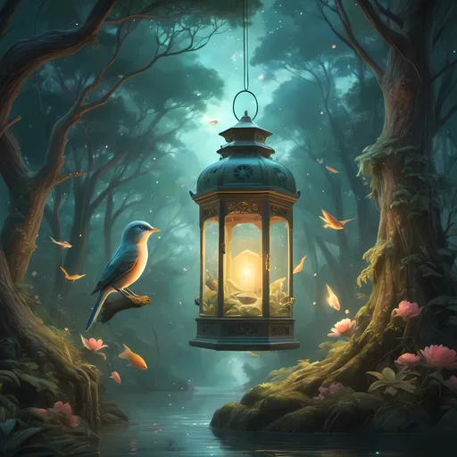 Prompt: A captivating scene featuring a bird and fish together in a lush forest, surrounded by towering trees and ethereal lanterns illuminating the surroundings. An enchanting lantern floats gently in the sky above. Painted in a realism style with a soft pastel color scheme, this highly detailed digital artwork embraces fantasy art elements, inspired by Chris LaBrooy, rendered as an exquisite oil painting, perfect for evoking a dreamy atmosphere.