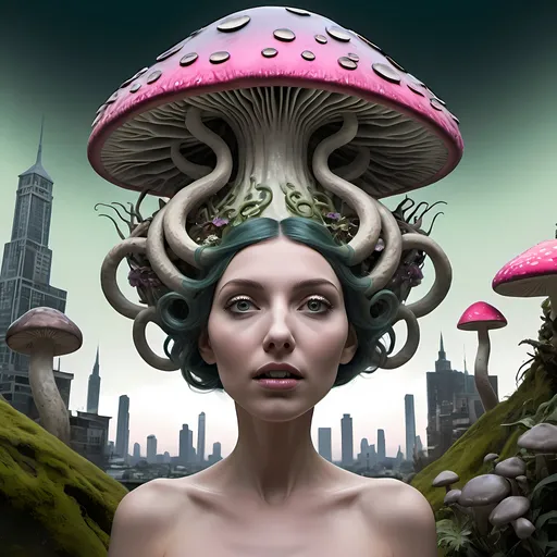 Prompt: Vibrant and otherworldly, the scene is a kaleidoscope of surreal elements filled with colorful, whimsical creatures and flora. A large, grotesque face with a wide, toothy grin dominates the center, its vibrant green and blue hues radiating an eerie charm, while long, sinuous tentacles weave through a fantastical landscape brimming with oversized mushrooms and vividly colored plants. In the background, the skyline hints at a cityscape, blending reality with fantasy, as faint outlines of buildings protrude like ethereal giants against a soft, blurred backdrop. The color palette bursts with vivid greens, purples, and pinks, creating a dreamlike atmosphere illuminated by an imaginary light, conveying a sense of wonder and slight menace, inviting the viewer deeper into this imaginative realm. There is an intriguing blend of playfulness and foreboding, suggesting a narrative that intertwines nature, urbanity, and the bizarre in a mesmerizing visual tale.