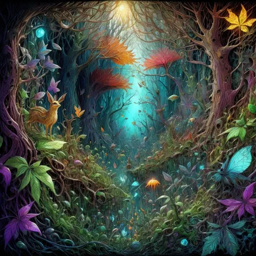 Prompt: (fantasy art), painting of a forest, (a myriad of trees), (detailed wildlife), vibrant animals scattering, ethereal blue light illuminating the center, tranquil ambiance, intricate texture elements of bark and foliage, (impressionistic style), enchanting colors, whimsical atmosphere, depth and layers creating a sense of wonder, inviting and atmospheric, (4K resolution), ultra-detailed craftsmanship, masterful composition.