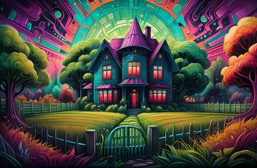 Prompt: (art deco style), vibrant colors, a painting of a (house) situated in the center of a lush (field), surrounded by a rustic (fence) and (trees), inspired by Dan Mumford, full of (psychedelic art) elements, incredible detail, expressive patterns, whimsical atmosphere, high depth portrayal, (ultra-detailed), evoking a captivating and surreal emotion, reminiscent of classic psychedelic aesthetics.