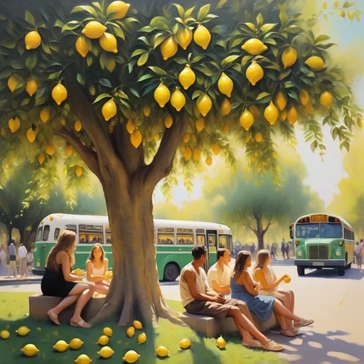 Prompt: (figurative art) painting of people sitting under a tree adorned with vibrant lemons, a bus in the background, (impressionist style), dreamy and soft brush strokes, lush green foliage, warm golden sunlight filtering through the leaves, creating a cheerful atmosphere, richly textured layers, subtle color variations, ultra-detailed, a fine art masterpiece that evokes serenity and community.