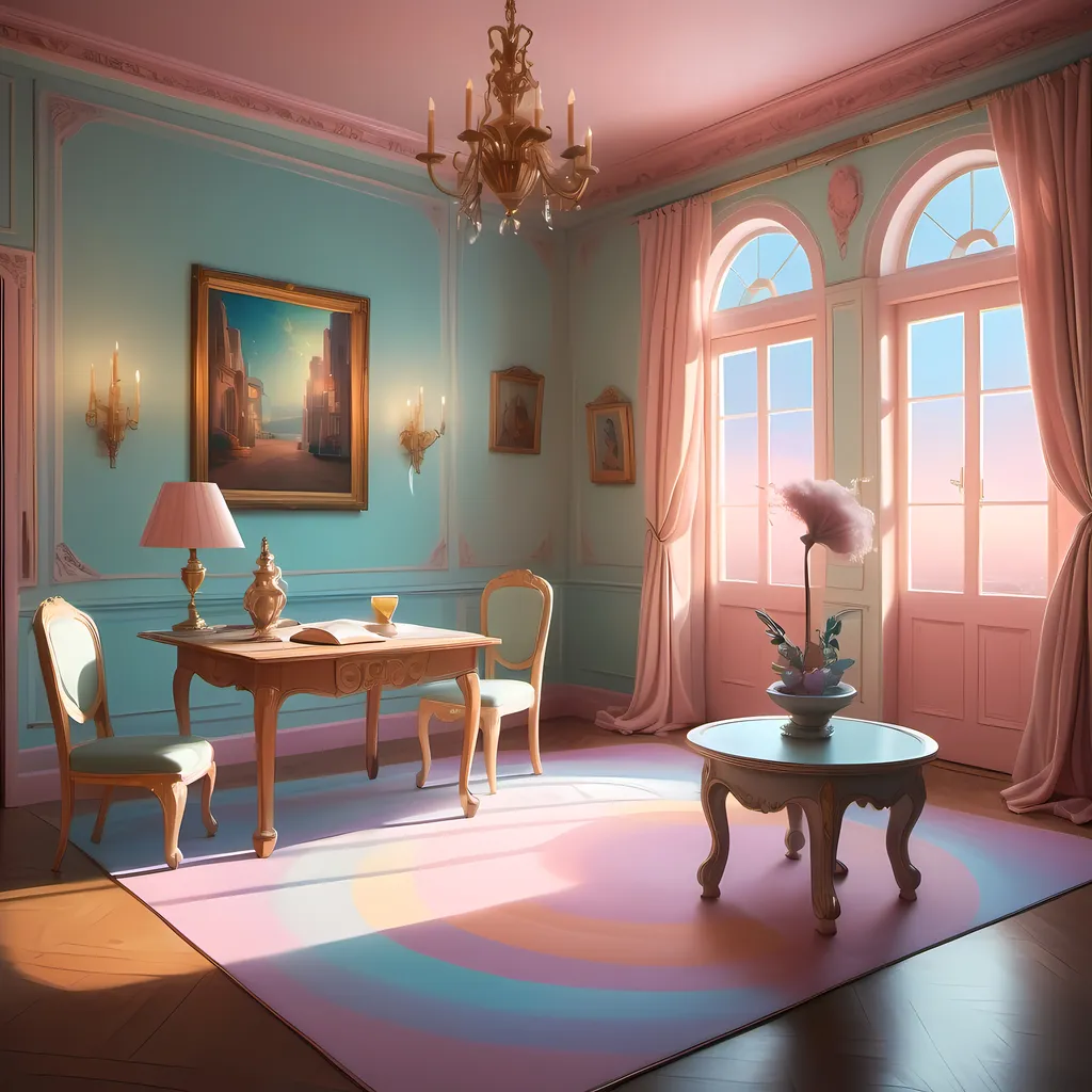 Prompt: (room interior with a table and chairs), (two books on the floor), (Chris LaBrooy style), magic realism, pastel color palette, whimsical ambiance, luxurious texture, intricate details, soft, dreamy lighting, high depth cinematic masterpiece, captivating composition, (ultrafine detailed painting), inviting atmosphere, diverse elements blending harmoniously, overall serene vibe, stunning visual artistry.