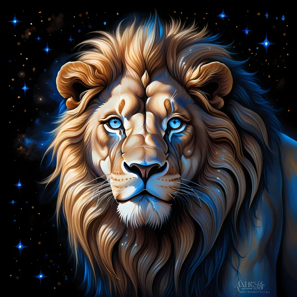 Prompt: (misc-macabre style art), a majestic lion with (blue eyes) set against a (starry background), high detail, (warm color scheme), intricate textures, (highly detailed digital painting), reminiscent of Anne Stokes' aesthetic, ethereal elements, dreamy space art, airbrush painting techniques, captivating and otherworldly ambiance, contrasting light and shadows, vivid depth.