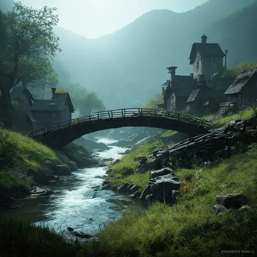 Prompt: small settlement, (foggy atmosphere), (dramatic fantasy scene), river flowing through, intricate wooden bridge, (cinematic lighting), lush green hills in the distance, mysterious silhouettes, enchanting ambiance, ethereal light beams filtering through fog, high depth, ultra-detailed, capturing a moment of tranquility and mystery.