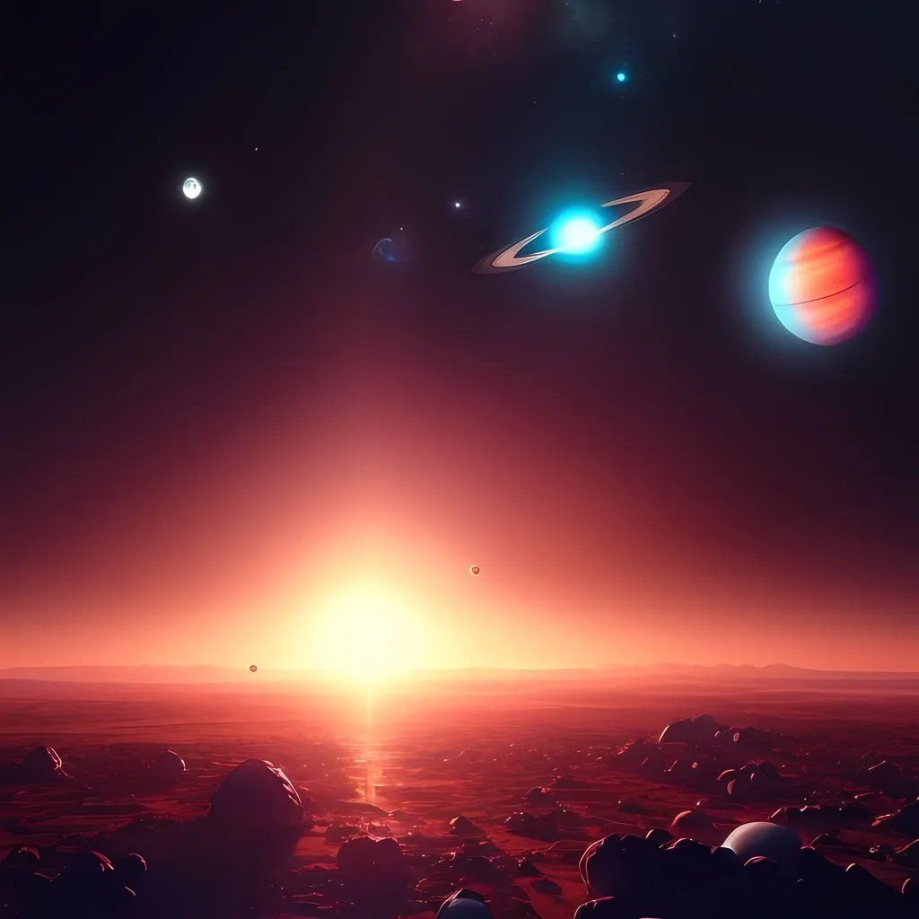 Prompt: a group of planets in the sky with a star in the middle of the image and a bright star in the middle of the picture, Beeple, space art, space, concept art