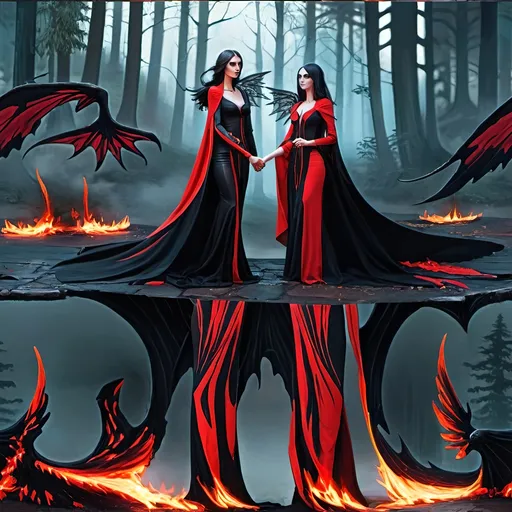 Prompt: Game RPG fantasy scene, two women in captivating black and red outfits with ethereal wings, standing defiantly in front of a flickering, vibrant fire amidst a hauntingly beautiful forest. Influenced by Anne Stokes, the art showcases gothic aesthetic and dark fantasy elements, with a muted color scheme enhancing the moody atmosphere. Deep contrast, enchanted ambiance, ultra-detailed, concept art masterpiece.