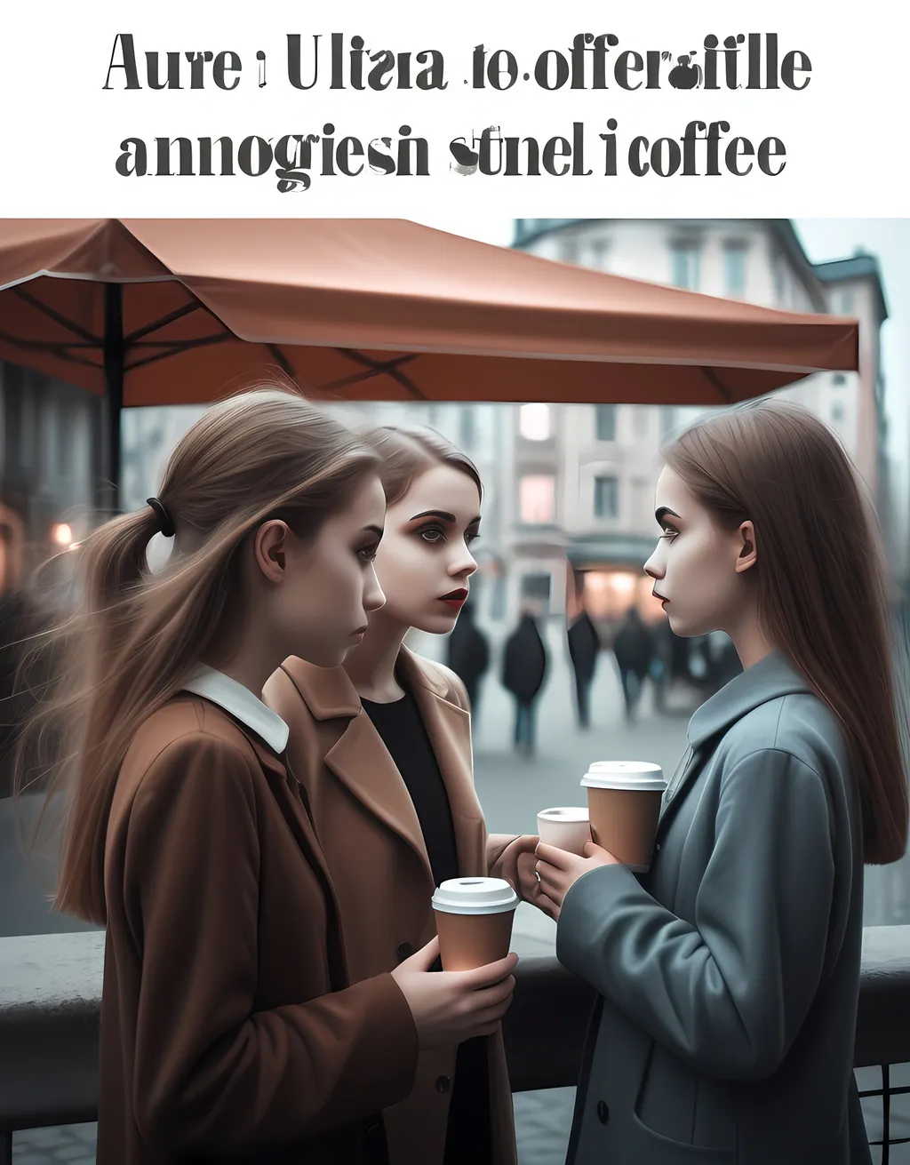 Prompt: (4K Stock Photo), three girls, standing outside, engaged in conversation, one girl holding a cup of coffee, another girl holding a cup of coffee, (Bourgeois style), atmospheric optical illusion, (creepy mood), background featuring a blurred cityscape, muted colors with a hint of surrealism, (ultra-detailed)яць.