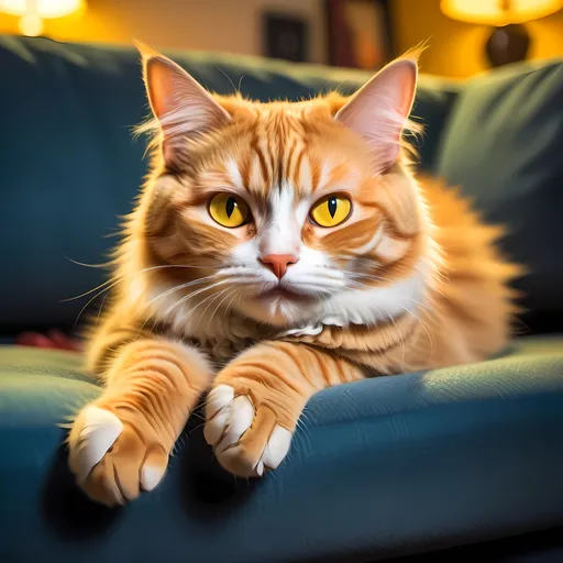 Prompt: (zany cat), bright yellow eyes, crazed expression, lounging on a cozy couch, directly looking at the camera, vibrant colors, (superflat style), playful and humorous atmosphere, high-quality animal photography, stock photo, engaging and quirky composition, detailed texture of the couch, soft warm lighting for a friendly feel, ultra-detailed 4K image.