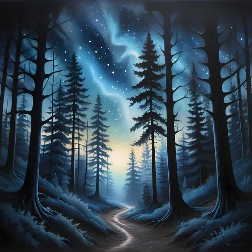 Prompt: Realistic forest painting, cool color scheme, twilight star-filled sky, silvery and deep blues, dark silhouettes of trees in the foreground, winding trail leading center, Anato Finnstark inspiration, airbrush technique, ethereal ambiance, cosmic elements seamlessly blended, ultra-detailed, masterpiece quality, serene and mystical atmosphere, showcasing deep space elements, engaging and inviting scene.