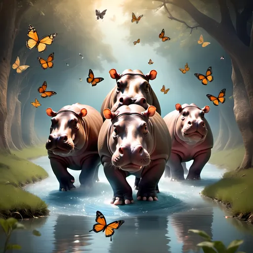 Prompt: three hippos are standing in a stream with butterflies flying around them and a butterfly is flying above them, Chris LaBrooy, magical realism, wildlife photography, a storybook illustration