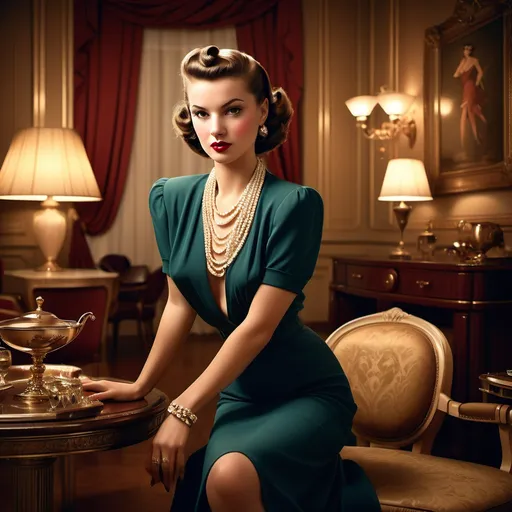 Prompt: (neoclassical style club), woman dressed in (high fashion) from the 1940s, elegant poses and expressions, intricate details of clothing and accessories, luxurious interior furnishings, rich color tones with warm lighting, ambient atmosphere evoking nostalgia and glamour, ultra-detailed, high-quality, capturing the sophistication of the era with soft focus on the elegant background.