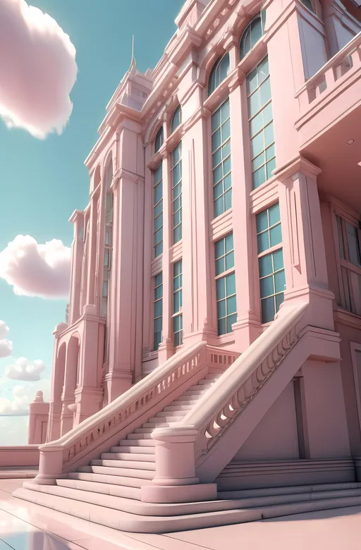 Prompt: (misc-architectural cityscape), (pastel color scheme), a grand staircase leading up to a striking building, dreamy sky background, fluffy clouds, influences of Chris LaBrooy, features of vorticism and loftis art styles, elements of art deco design, soft lighting creating a serene ambiance, intricate details reminiscent of classic paintings, 4K, ultra-detailed, harmonious composition.