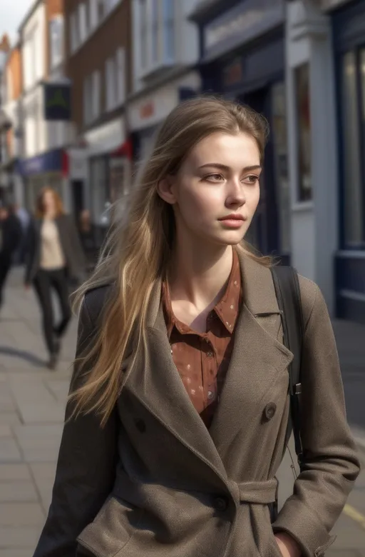 Prompt: Tall young woman walking down the high street, detailed clothing, realistic, natural lighting