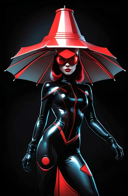 Prompt: (futuristic-retro futurism style), woman in a black and red costume, (red umbrella) on her head, (dark color scheme), (comic book panel), (Artgerm), (altermodern), black background, high detail, vibrant accents, dramatic lighting, emphasizing shadows, cinematic atmosphere, dynamic pose, (bold lines and colors), retro-futuristic elements, eye-catching design, captivating composition.