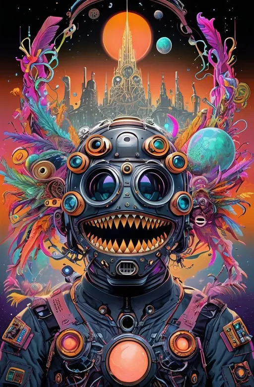 Prompt: (robot with a weird face), (vibrant psychedelic colors), city skyline, glowing orange light, clock tower, (highly detailed), (Android Jones style), (Josan Gonzales influence), (Dan Mumford inspiration), futuristic elements, urban ambiance, neon lights, (cyberpunk art), dreamlike atmosphere, (4K ultra-detailed).