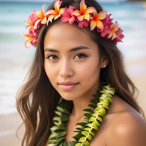 Prompt: (photorealistic beauty photography), portrait of a stunning (beautiful woman) at the beach, bathed in soft (natural light), wearing a vibrant (lei), evoking a serene atmosphere, showcasing a (Hawaiian girl) vibe, calm and tranquil (lowlight) conditions, capturing the ethereal essence of a (vahine), with delicate (whitewashing) effects, ultra-detailed, high definition, cinematic masterpiece.