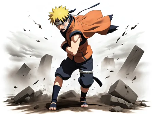 Prompt: Naruto's tragic disappearance, emotion-laden moment captured, intense battle scene, surrounded by swirling dust and debris, dark stormy skies above, ominous atmosphere, dramatic lighting illuminating scars from battle, deep shadows, tension-filled serenity, haunting stillness in the aftermath, high detail, cinematic quality, evoking feelings of loss and despair.