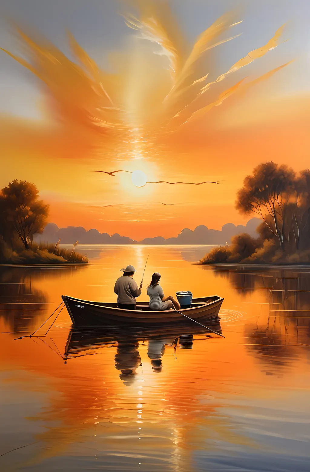 Prompt: (realism style), (highly detailed oil painting), a warm color scheme, a sunset reflecting on water, a man and a woman fishing in a boat, a serene atmosphere, gentle ripples in the water, golden and orange hues filling the sky, soft brush strokes highlighting figures, naturalistic expressions, fine art painting, immersive depth and texture, a beautiful, tranquil scene, an evocative background, 4K detailed quality.