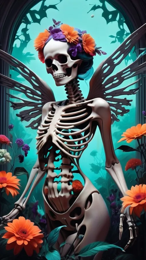 Prompt: (surrealism style), vibrant color scheme, (woman with a skeleton body), (ethereal wings), surrounded by lush flowers and leaves, holding a radiant flower, inspired by Damien Hirst, gothic art elements, intricate anatomical details, blended with a cyberpunk aesthetic, high contrast colors, ultra-detailed and dreamlike ambiance, captivating visual elements, enchanting atmosphere.