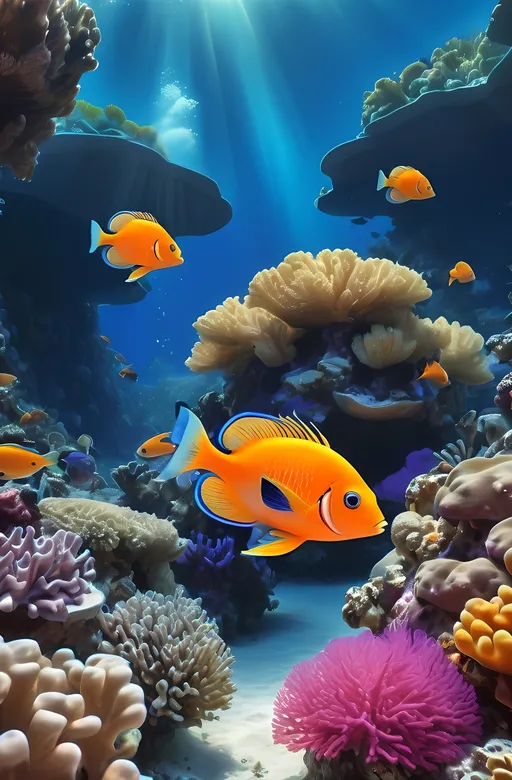 Prompt: Two vibrant fish swimming gracefully on a stunning coral reef, (photorealistic), (award-winning photograph), tropical coral colors, vivid blue water, detailed marine life, dynamic scene, (computer graphics), sunlight filtering through the water, creating an enchanting underwater glow, ultra-detailed, high definition, serene and lively ambiance.