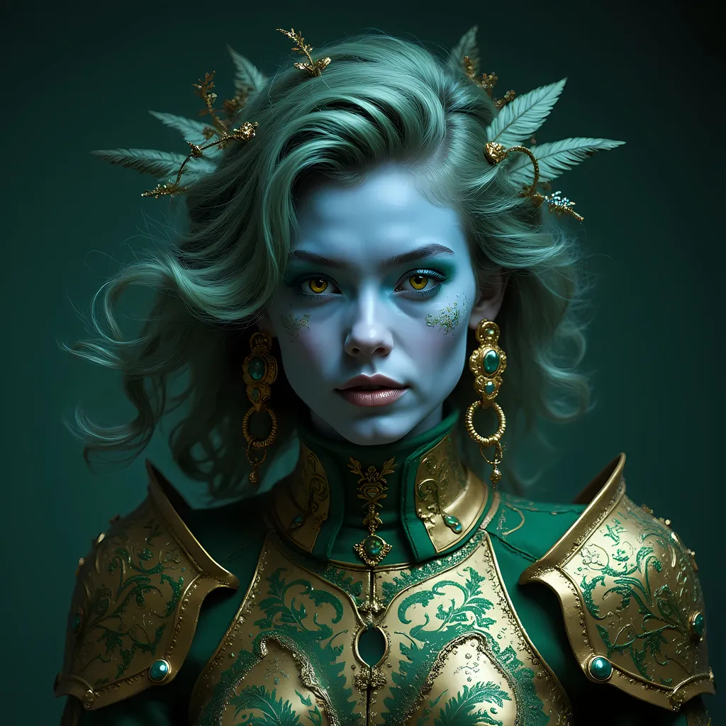 Prompt: An imposing figure emerges against a deep emerald background, captivating the viewer with striking features and intricate adornments. The character, with shimmering blue skin, is adorned with ornate armor that melds intricate designs and vivid colors of green and gold, suggesting a powerful presence or mythic status. Their flowing hair, styled in elaborate curls, enhances the regal air, while large golden earrings and a decorative headpiece featuring feathers and jewels add to the grandeur. The piercing yellow eyes seem to radiate strength and wisdom, inviting deeper contemplation on the story encapsulated within this stunning, fantastical portrayal.