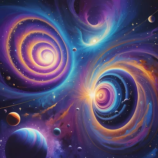 Prompt: (detailed painting) of planets and their satellites in the sky, (starry background), (spiral design) in the outer half, vibrant cosmic colors, majestic galaxy depiction, rich blues and purples, dreamy ambiance, surreal cosmic art, (Chris LaBrooy style), vast depth and intricacy, mesmerizing celestial elements, ultra-detailed, visually striking, immersive space scene