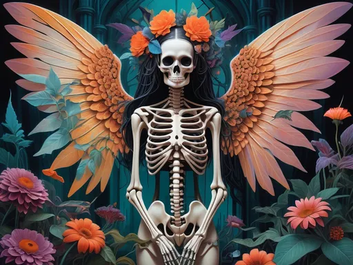 Prompt: (surrealism style), vibrant color scheme, (woman with a skeleton body), (ethereal wings), surrounded by lush flowers and leaves, holding a radiant flower, inspired by Damien Hirst, gothic art elements, intricate anatomical details, blended with a cyberpunk aesthetic, high contrast colors, ultra-detailed and dreamlike ambiance, captivating visual elements, enchanting atmosphere.