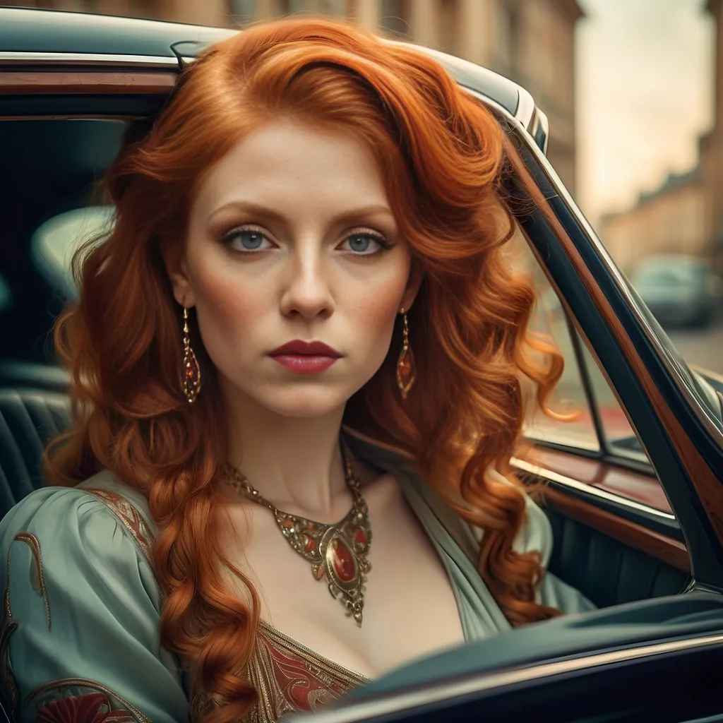 Prompt: art nouveau portrait of a (woman with striking red hair) sitting in a stylish car, (serious expression) as she gazes directly at the camera, (elegant details), opulent colors, warm tones, soft lighting, intricate background patterns inspired by art nouveau, high quality, ultra-detailed, sharp focus, capturing an atmosphere of contemplation and allure.