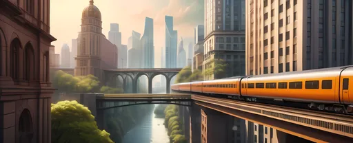 Prompt: (train traveling through a city), (detailed matte painting), tall buildings and lush trees on both sides, majestic bridge, vibrant city background, warm color tones, bustling atmosphere, intricate textures, urban details, atmospheric perspective, high quality, HD, immersive landscape, dynamic composition, showcase of regionalism, capturing the essence of modern life.