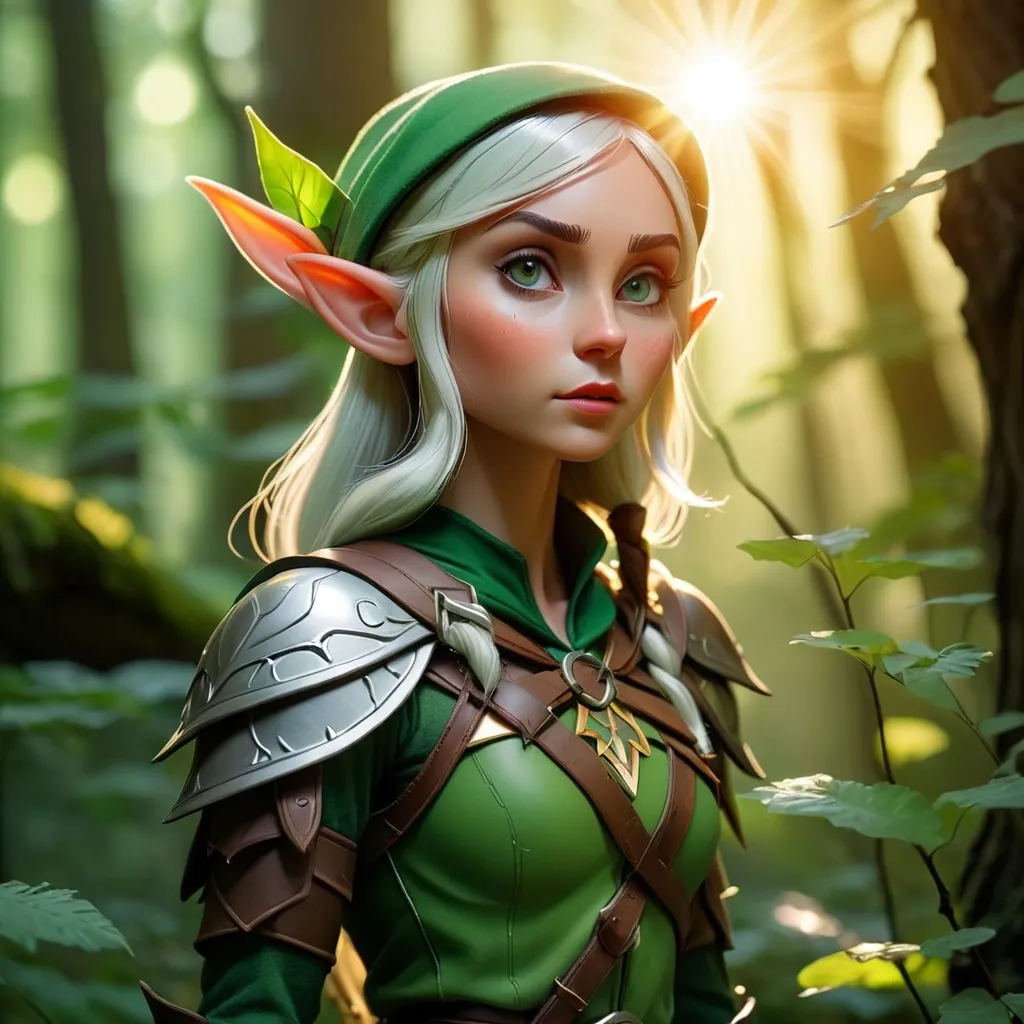 Prompt: Elf ranger in a mystical forest around sunlight