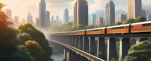 Prompt: (train traveling through a city), (detailed matte painting), tall buildings and lush trees on both sides, majestic bridge, vibrant city background, warm color tones, bustling atmosphere, intricate textures, urban details, atmospheric perspective, high quality, HD, immersive landscape, dynamic composition, showcase of regionalism, capturing the essence of modern life.