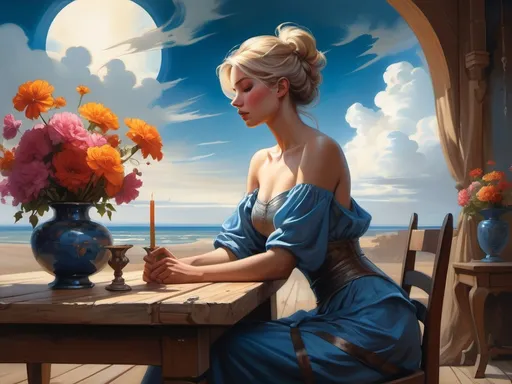 Prompt: (A detailed painting depicts a woman seated gracefully at a rustic table, with vivid flowers in a vase close by, and a richly reflective mirror behind her. The scene is set against a vast blue sky with billowing clouds, drawing influence from Bastien Lecouffe-Deharme and incorporating fantasy art concepts. The style is reminiscent of Stanley Artgerm Lau, featuring high detail, vibrant colors, and a surreal ambiance, all in 4K resolution and bathed in a gentle, sweeping light akin to that found in Alex Ross's works.