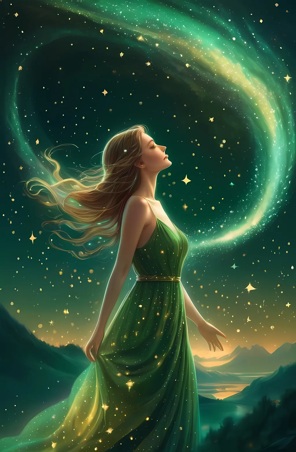 Prompt: (fantasy art) a woman in a flowing (green dress) gazing up at a shimmering sky filled with stars, the (warm color scheme) enriching the scene, (radiant light) illuminating her figure softly, creating a mystical atmosphere. The stars reflect in her eyes as ethereal (holograms) swirl around her, enchanting and dreamlike, capturing the essence of wonder and imagination, ultra-detailed, HD.