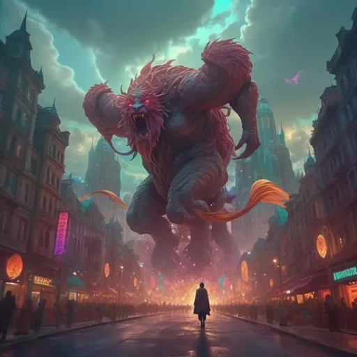 Prompt: (undefined text "concept") person standing on a bustling street, (mysterious ambiance), a massive, menacing monster hovering above, (fantasy art), (CGI style), dynamic and vibrant atmosphere, vivid colors, detailed city backdrop, immersive depth, (Chris LaBrooy aesthetics), seamless blend of reality and fantasy, (highly detailed, 4K quality).