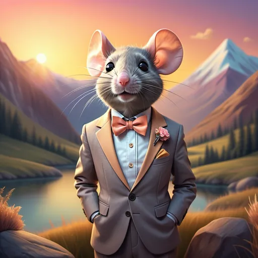 Prompt: surrealistic mouse in a suit and bow tie, standing proudly, mountain landscape background, warm pastel sunset colors, enchanting atmosphere, whimsical vibes, detailed character portrait, art style influenced by sots art, dreamy scenery, creatively composed, high depth, ultra-detailed 4K quality.