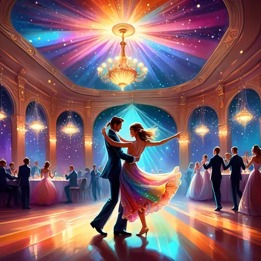 Prompt: (couple dancing in a ballroom), (star-filled ceiling), (colorful background of lights and stars), fantasy art, vibrant hues, enchanting atmosphere, whimsical, romantic mood, intricate details, ethereal lighting, mesmerizing reflections, dreamy ambiance, visually stunning, smooth brush strokes, captivating composition, ultra-detailed, high-quality digital painting, by Cyril Rolando.