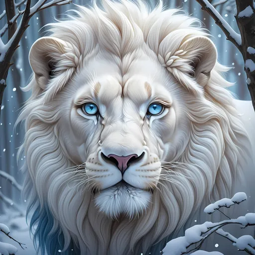 Prompt: (majestic white lion with blue eyes), walking through a snowy forest, snow-covered trees and branches, intricate snowflakes, (digital painting), inspired by Daniel Lieske, vibrant colors, cool tones, serene atmosphere, ethereal glow, (highly detailed), winter wonderland, magical ambiance, immersive landscape.