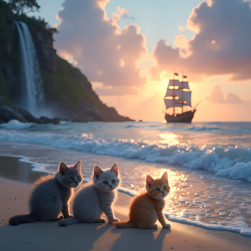 Prompt: A serene beach at dusk illuminated by the warm glow of a cascading waterfall, sparkling under soft, pastel-colored skies. Two adorable kittens—one with fluffy gray fur and the other with orange tabby stripes—play near the water’s edge, their curious eyes reflecting the shimmering light. In the background, a majestic man-of-war sailing ship with billowing sails glides gracefully across the calm sea, adding a touch of adventure and grandeur. The scene combines gentle natural beauty with a magical, dreamlike atmosphere, captured in a painterly, cinematic style with soft lighting to evoke wonder and tranquility.