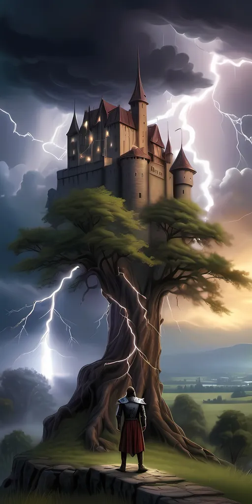 Prompt: a man standing in front of a tree with a lightning bolt in the sky above it and a castle in the background, Anne Stokes, fantasy art, matte fantasy painting, a detailed matte painting